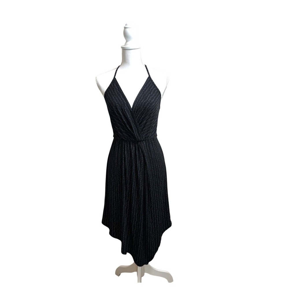 BCBGeneration Black Halter Midi Dress Asymmetrical Hem Plunge Neck Size S